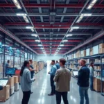 Futuristic supply chain hub illustrating technological advancements and teamwork.