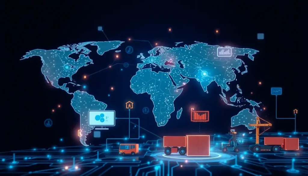 Illustration of a global supply chain network integrated with AI technologies.
