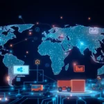 Illustration of a global supply chain network integrated with AI technologies.
