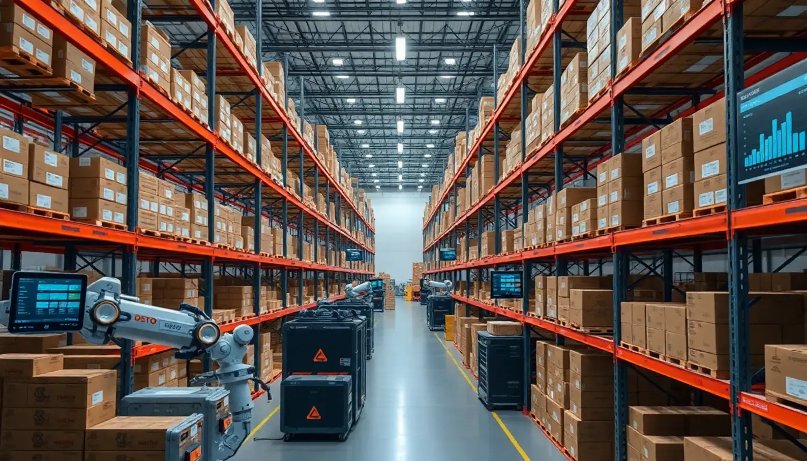 An AI-powered high-tech warehouse optimizing inventory management.