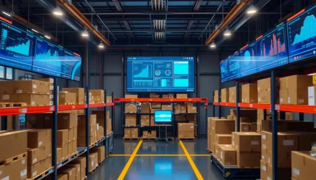 A cutting-edge supply chain operations center with AI-driven analytics displayed on screens.