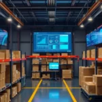 A cutting-edge supply chain operations center with AI-driven analytics displayed on screens.