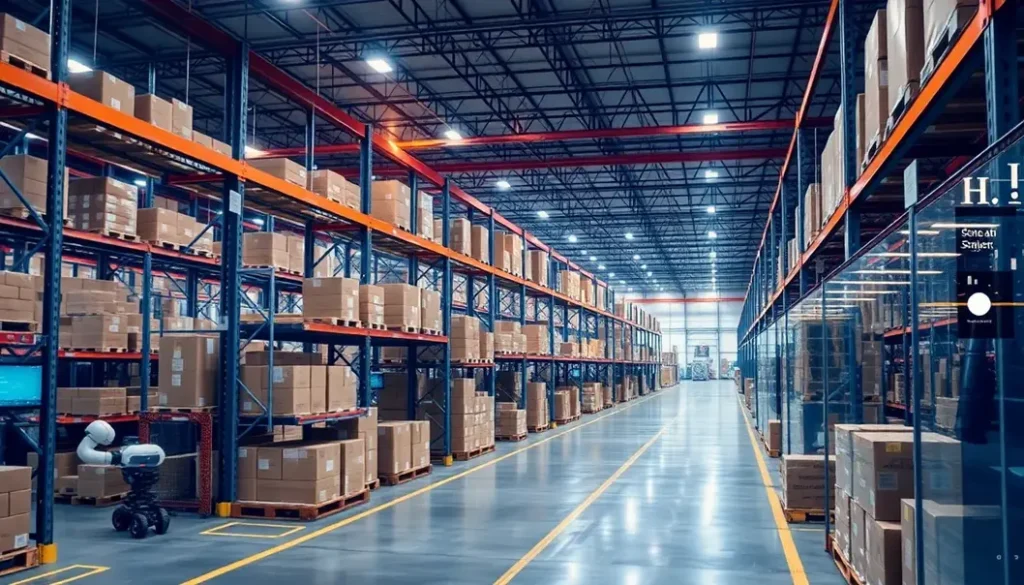 A high-tech supply chain operation showcasing AI integration in logistics and warehousing.