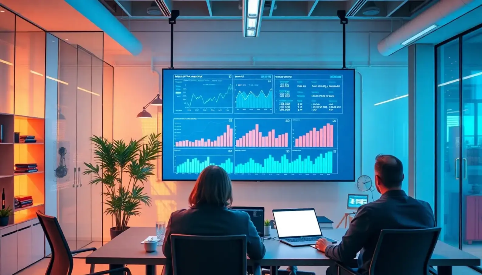 A futuristic office setting where predictive analytics is employed for supply chain evaluation.