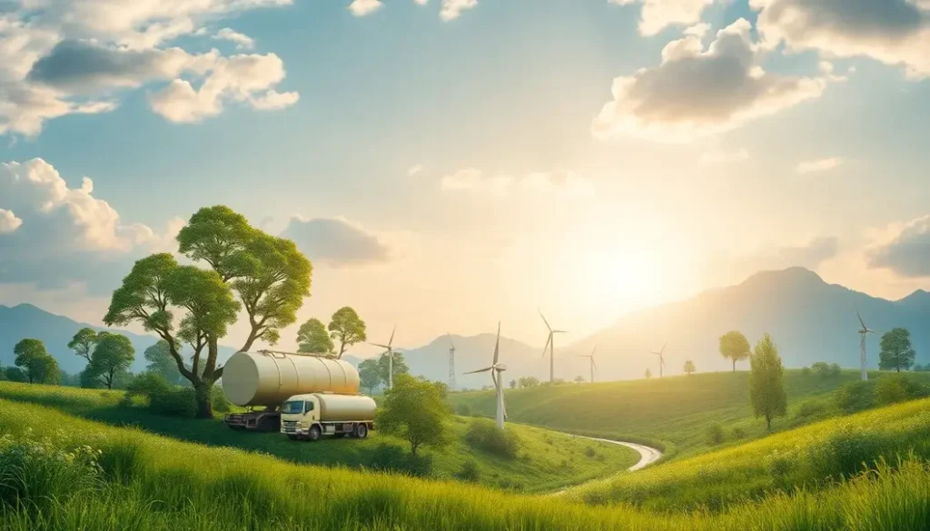 A landscape depicting a harmonious supply chain ecosystem with AI and sustainability.