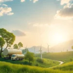 A landscape depicting a harmonious supply chain ecosystem with AI and sustainability.