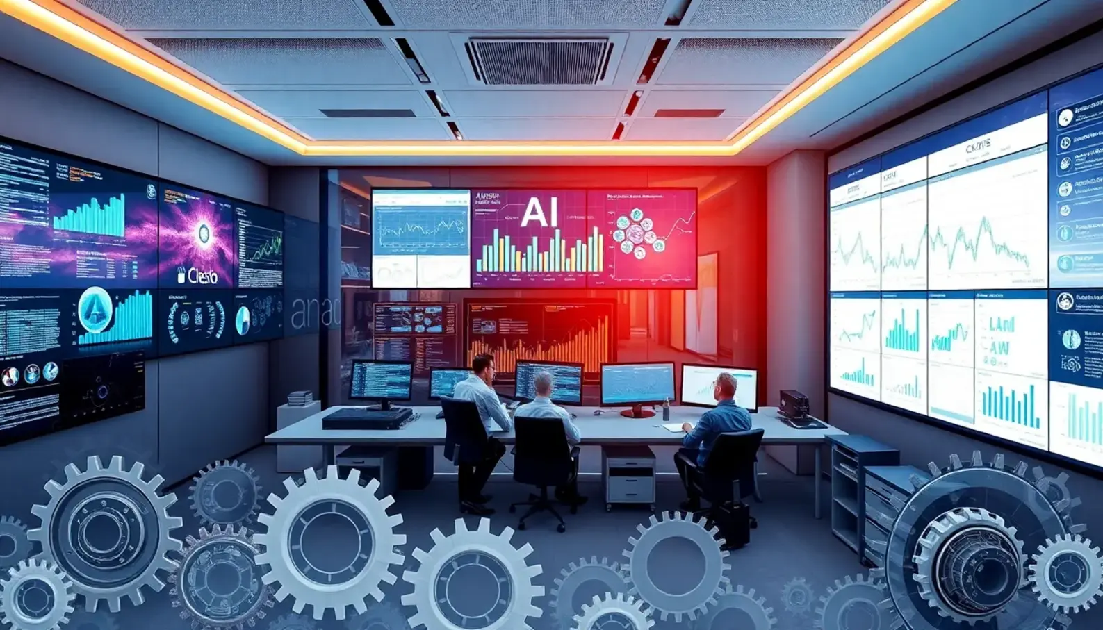 AI technologies in a bustling supply chain control room.