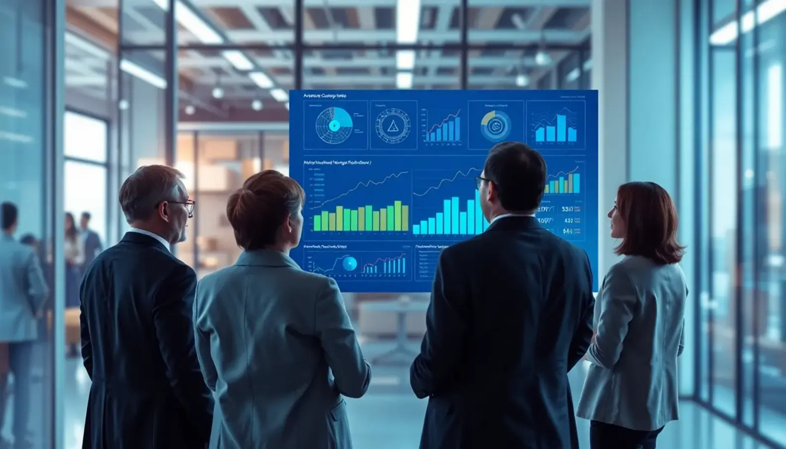 Control room with AI-driven data analytics for optimizing supply chains.