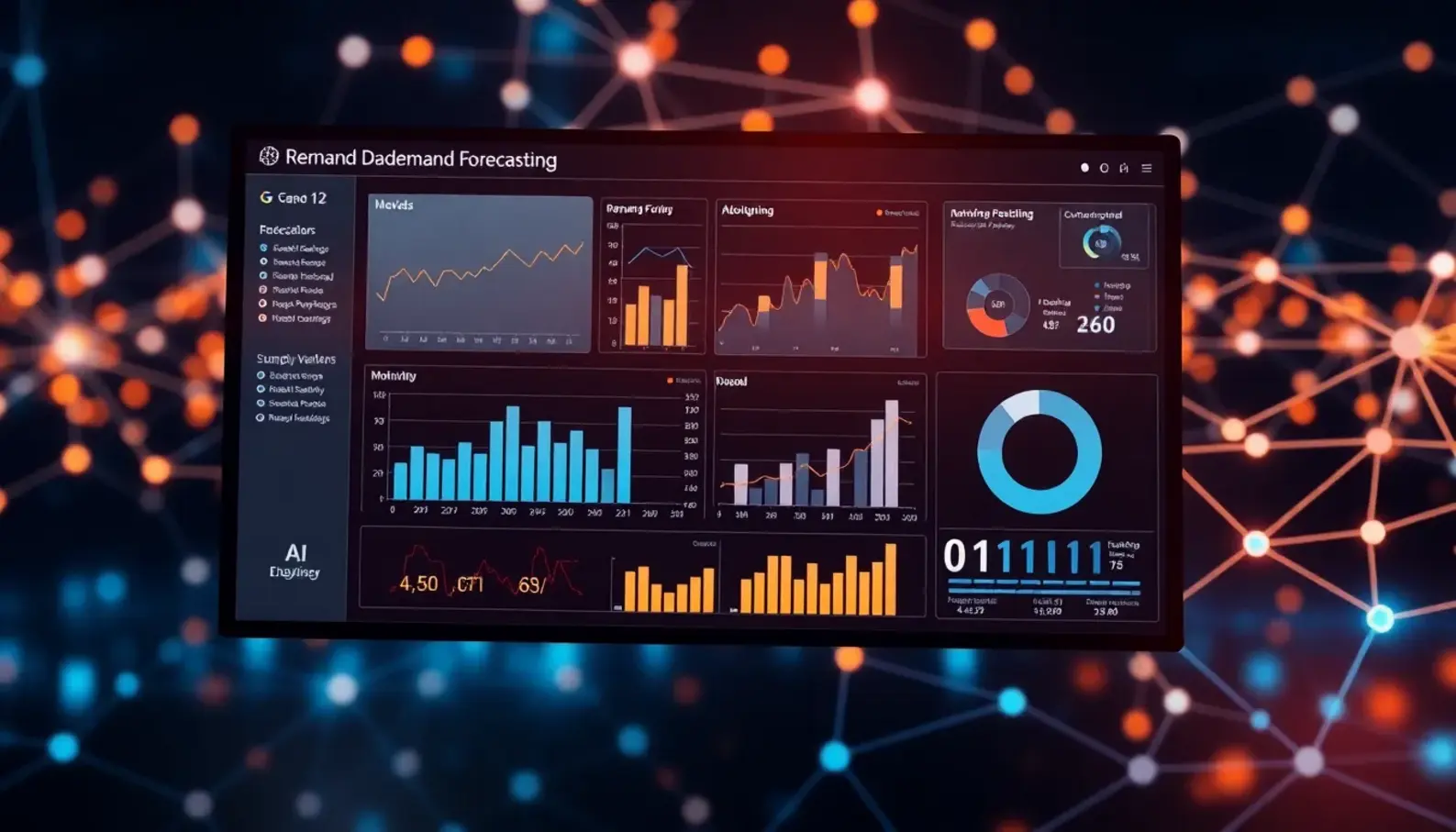 AI-powered dashboard illustrating demand forecasting accuracy and metrics.