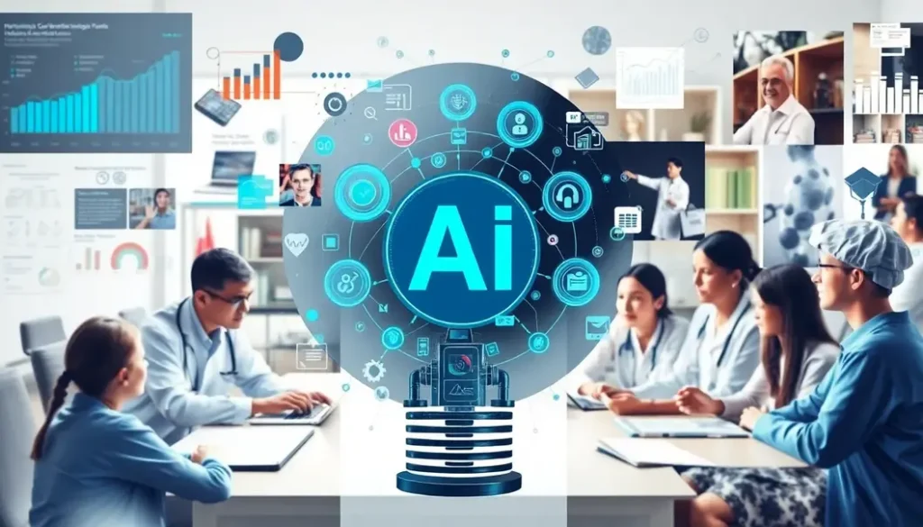 A visual collage of AI technologies impacting healthcare analytics and education.