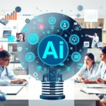 A visual collage of AI technologies impacting healthcare analytics and education.