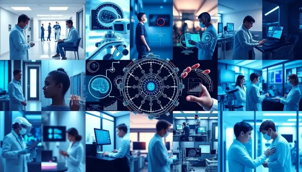 A collage of healthcare settings showcasing the integration of AI technologies.