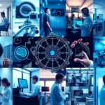 A collage of healthcare settings showcasing the integration of AI technologies.