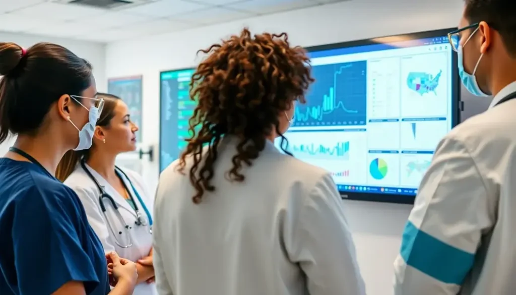 A diverse team of healthcare workers analyzing digital data and collaborating on AI insights in a clinical setting.