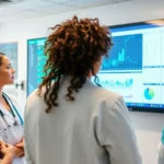 A diverse team of healthcare workers analyzing digital data and collaborating on AI insights in a clinical setting.