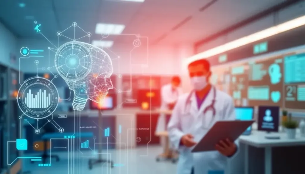 A visual representation of AI technology transforming the healthcare field, combining traditional practices with modern analytics.