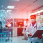 A visual representation of AI technology transforming the healthcare field, combining traditional practices with modern analytics.