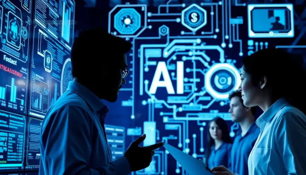 An illustration of AI technologies shaping supply chain education with professionals collaborating and using digital tools.