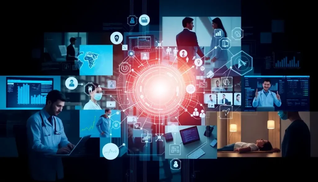A collage depicting AI applications in various healthcare settings.