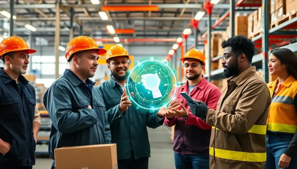 Diverse engineers utilizing AI technology in a modern supply chain environment.