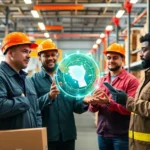 Diverse engineers utilizing AI technology in a modern supply chain environment.