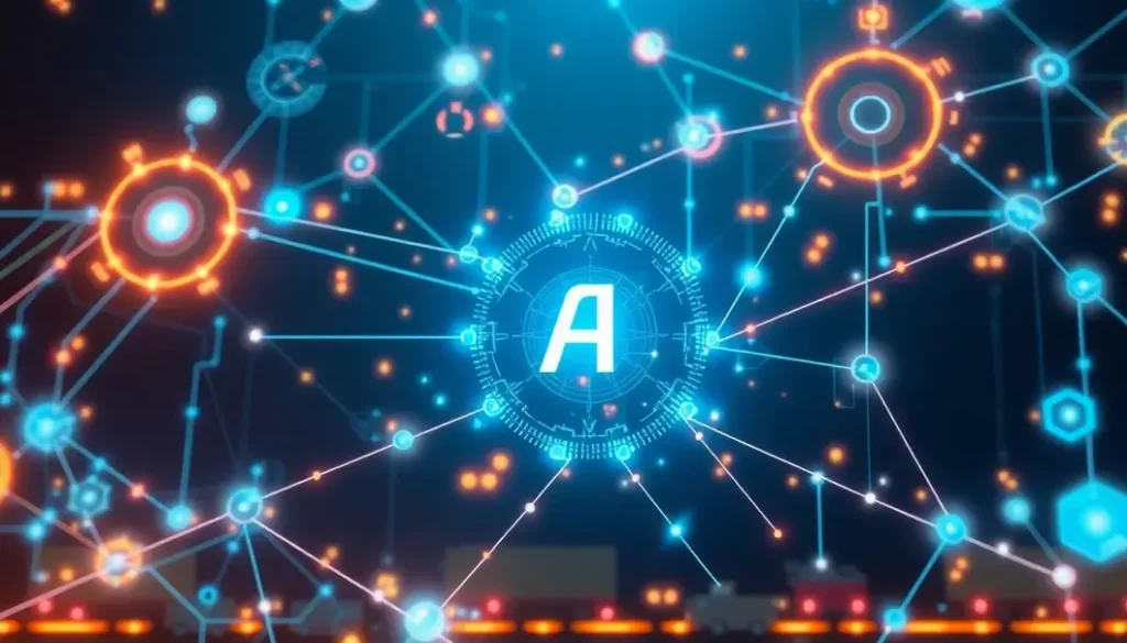 An illustration showing an advanced supply chain network supported by AI technology.