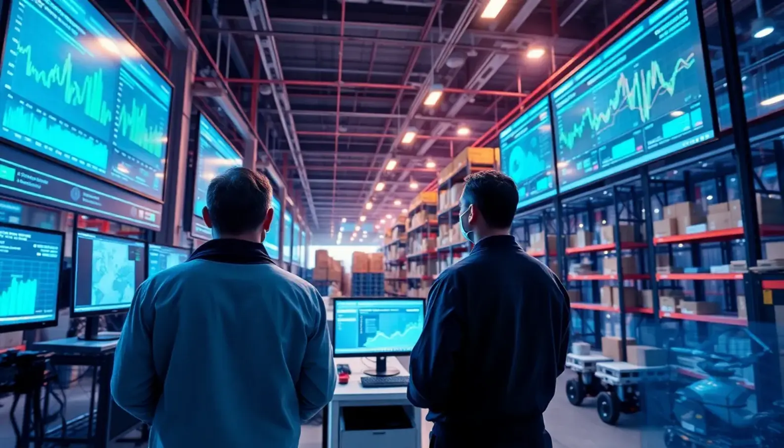 Engineers using AI in supply chain testing to enhance operations.