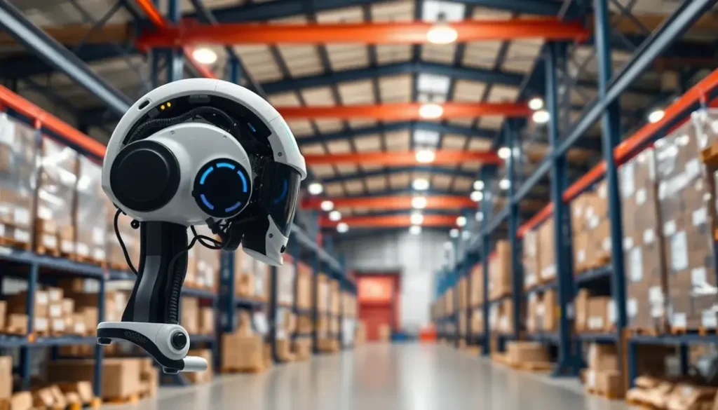 Image showing AI technologies enhancing supply chain logistics in a futuristic warehouse.