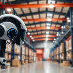 Image showing AI technologies enhancing supply chain logistics in a futuristic warehouse.