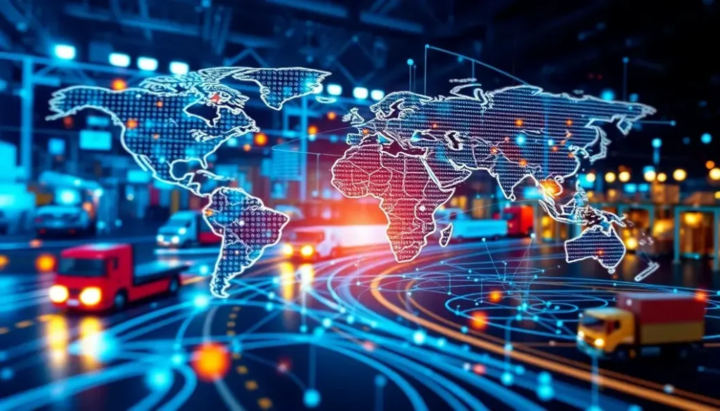 An abstract representation showcasing the relationship between AI and supply chain operations.