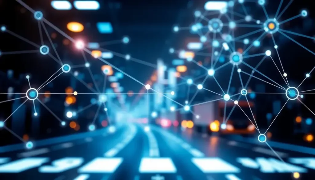An illustration depicting AI-enhanced supply chain networks, emphasizing interconnected technology and efficiency.