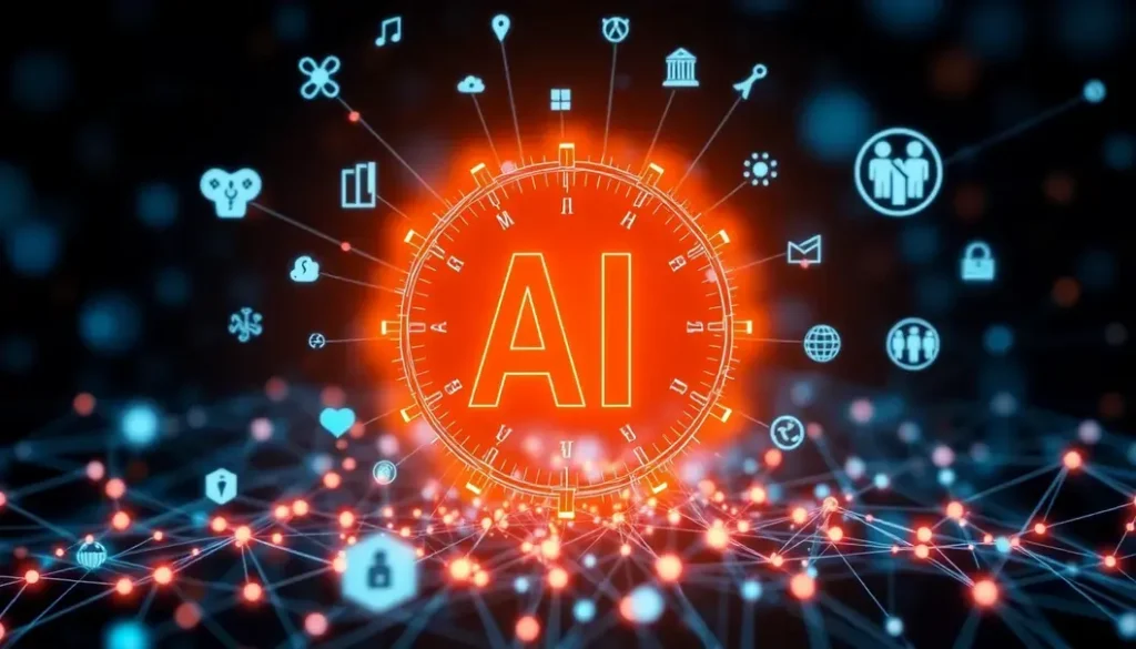 A network of data connections with AI and healthcare symbols, representing the evolution of technology in patient care.