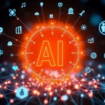 A network of data connections with AI and healthcare symbols, representing the evolution of technology in patient care.