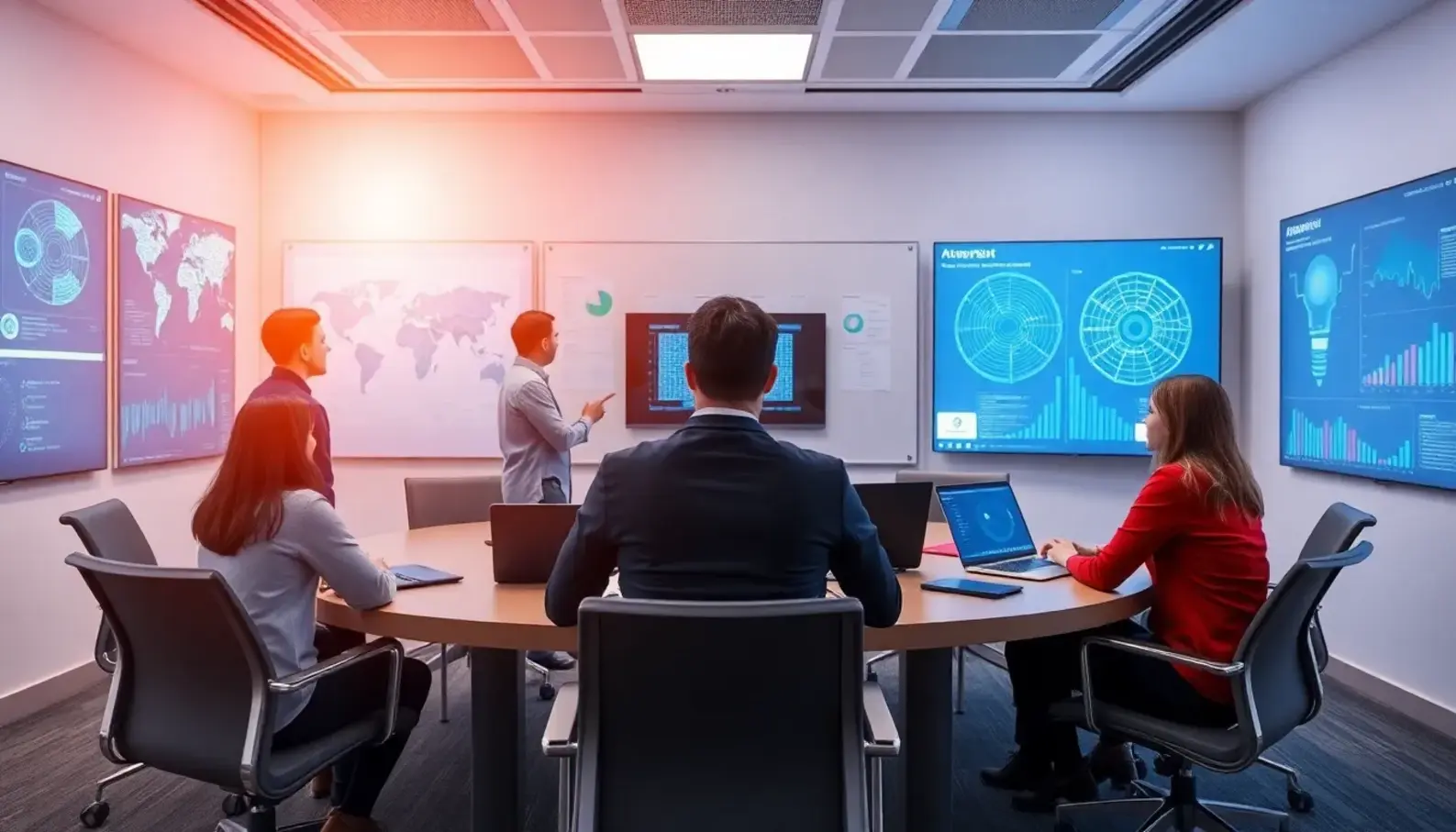 Designers collaborating with AI data visualizations for supply chains.