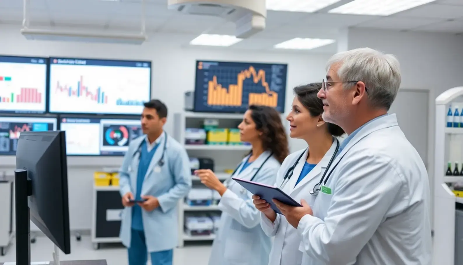 Designers collaborating with AI data visualizations for supply chains.