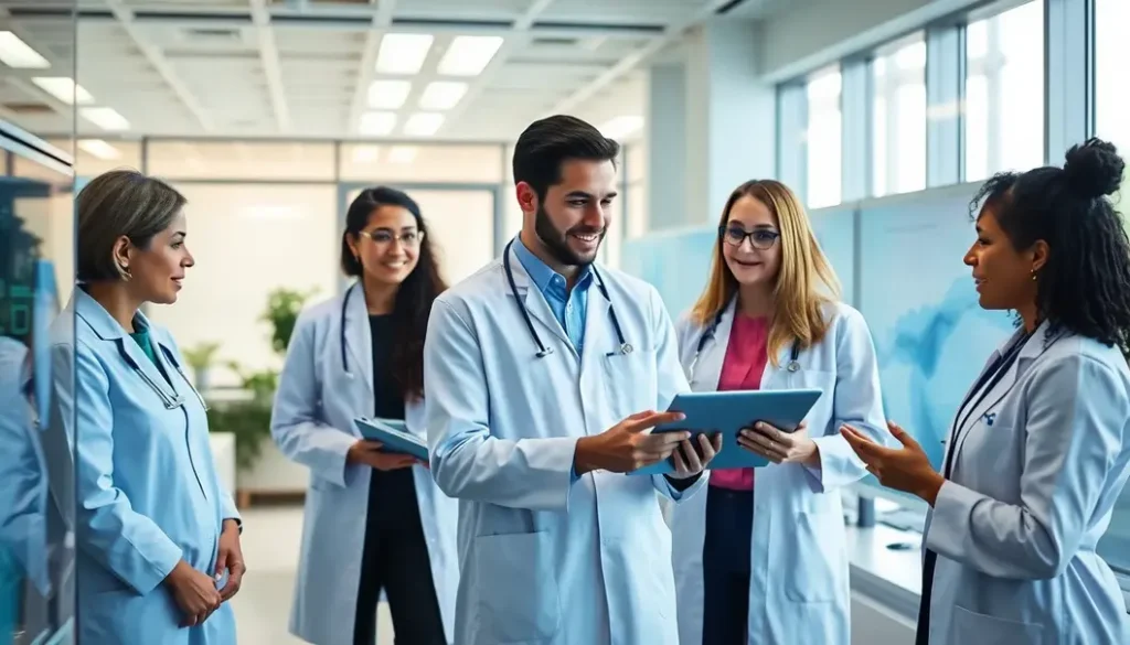 A vibrant healthcare office with diverse professionals collaborating with AI technology.