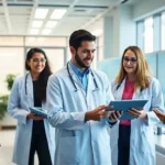 A vibrant healthcare office with diverse professionals collaborating with AI technology.