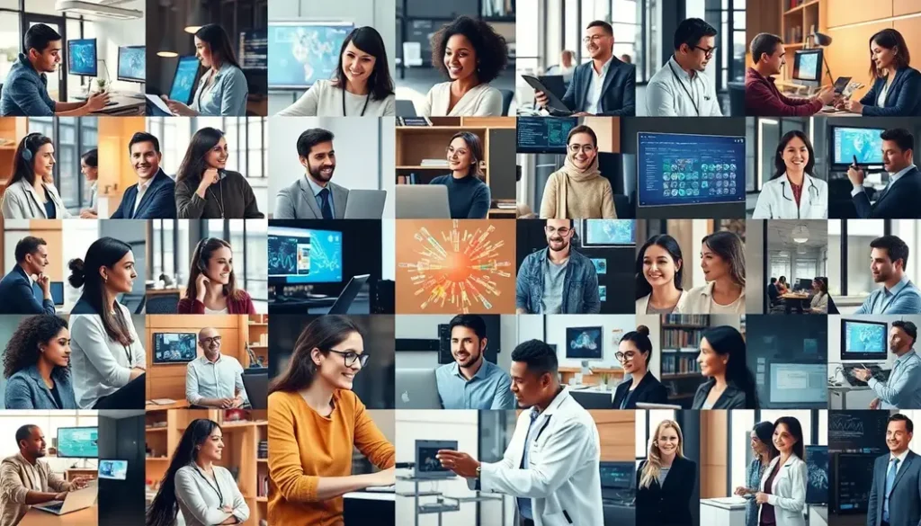 Various individuals from design and clinical fields collaborating with AI visualizations related to supply chains.