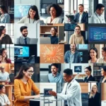 Various individuals from design and clinical fields collaborating with AI visualizations related to supply chains.