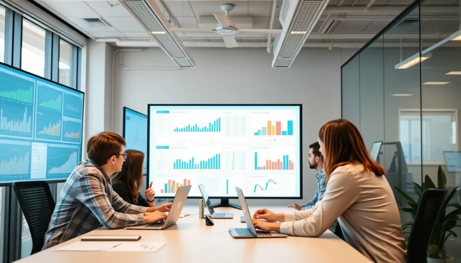 Designers collaborating with AI data visualizations for supply chains.