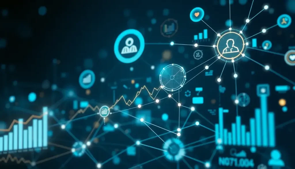 Futuristic AI-driven healthcare analytics visualization with charts and data.