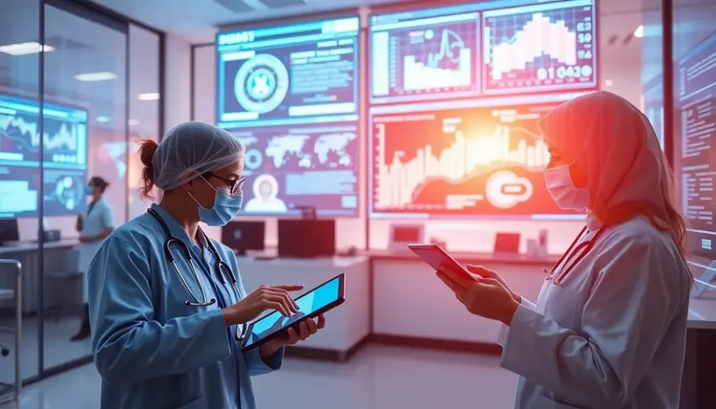 A healthcare professional interacting with AI technology, illustrating the future landscape of healthcare analytics and patient management.