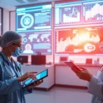 A healthcare professional interacting with AI technology, illustrating the future landscape of healthcare analytics and patient management.