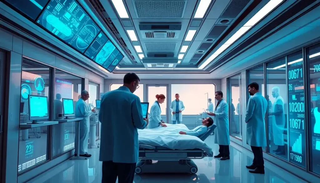 A photo-realistic image of a futuristic hospital utilizing AI technology in patient care.