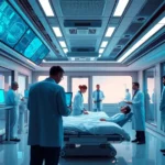 A photo-realistic image of a futuristic hospital utilizing AI technology in patient care.