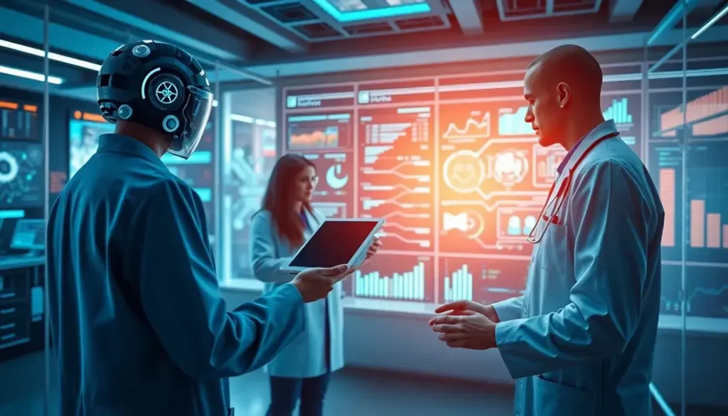 Futuristic healthcare scene with AI assisting clinicians in patient data analysis.