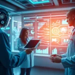 Futuristic healthcare scene with AI assisting clinicians in patient data analysis.