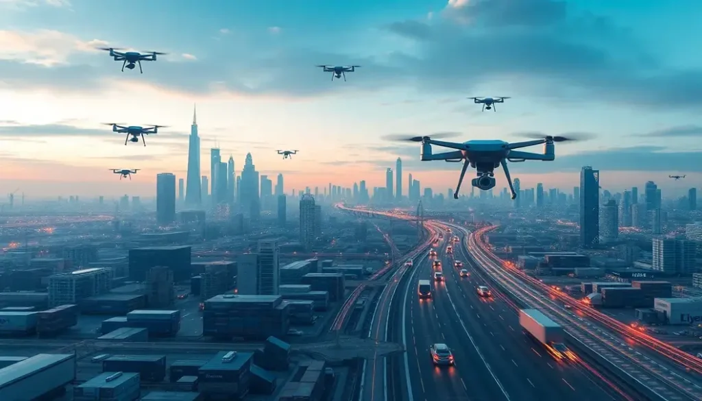 Futuristic city with autonomous delivery systems representing AI in supply chains.