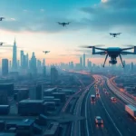 Futuristic city with autonomous delivery systems representing AI in supply chains.