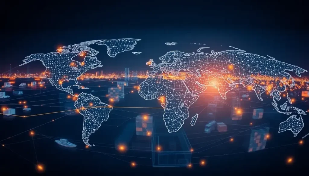 A broad illustration of the global supply chain showing logistics and distribution processes linked by AI innovations.